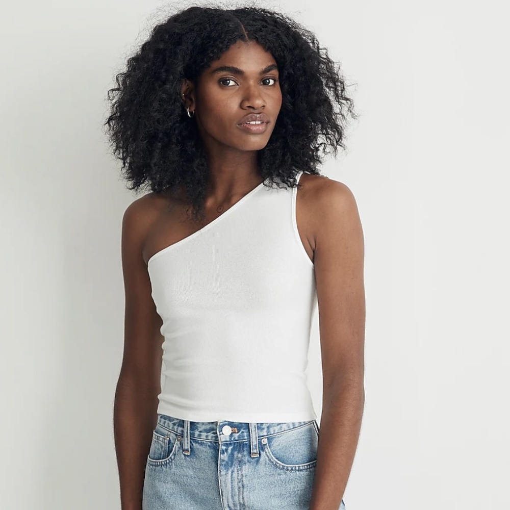 Madewell Brightside Rib One-Shoulder Tank in Eyelet White (XS)